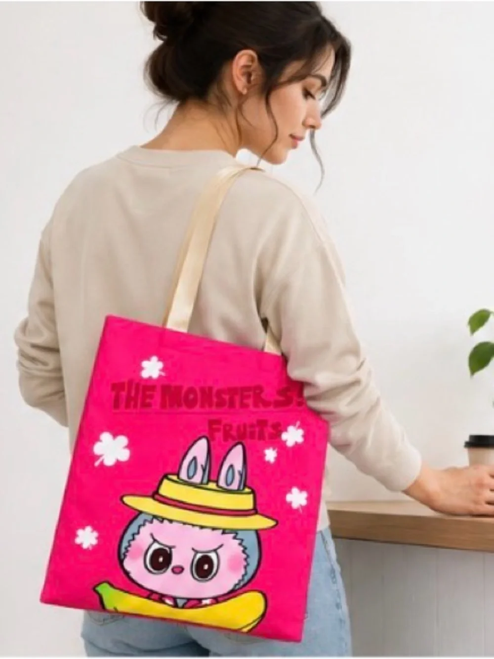 Cute Pink Cartoon Tote Bag with Yellow Accent13”x14” cotton